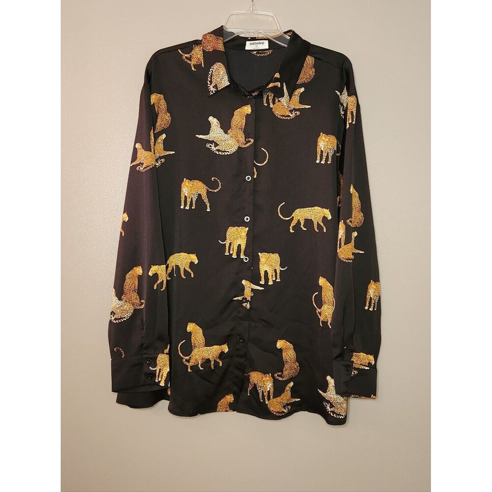 Mittoshop Leopard Print Button-Up Shirt in Black Size Size 1X